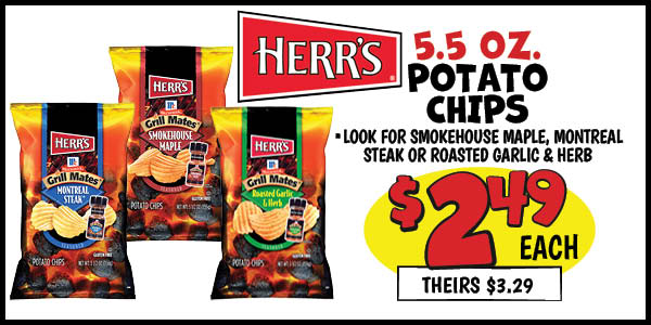 5.5 oz. Herr's Grill Mates Potato Chips: Our Price: $2.49, theirs: $3.29