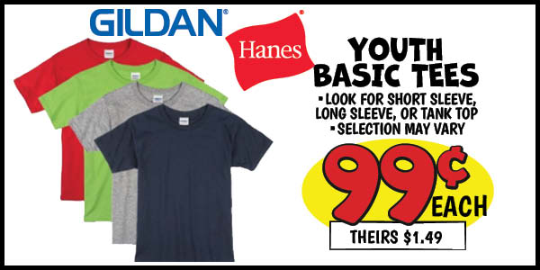 Youth Basic Tees: Our Price: $0.99, theirs: $1.49
