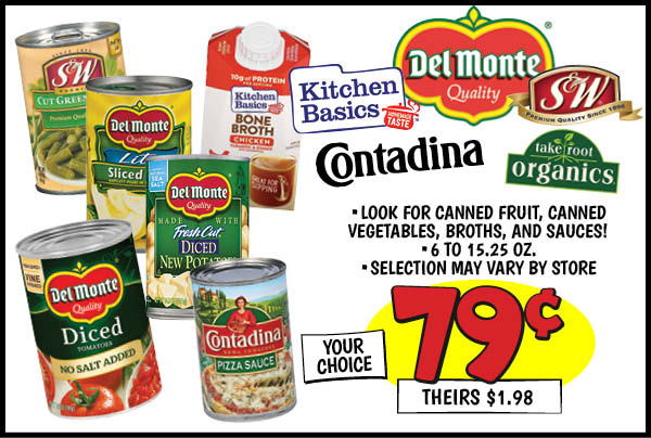 Del Monte Canned Fruit: Our Price: $0.79, theirs: $1.98