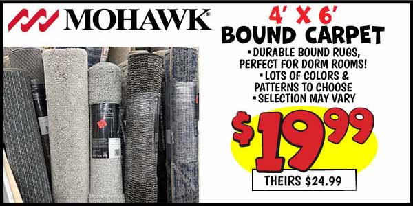 Mohawk 4 ft x 6 ft Bound Carpet: Our Price: $19.99, theirs: $24.99