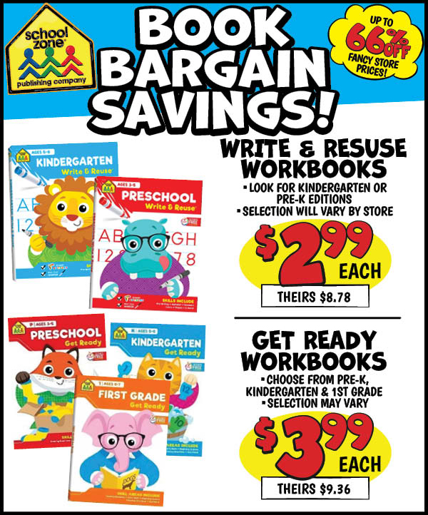 WRITE and RESUSE WORKBOOKS: Our Price: $2.99, theirs: $8.78,GET READY WORKBOOKS: Our Price: $3.99, theirs: $9.36