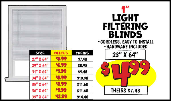1 in. Light Filtering Blinds: 23x64,Our Price: $4.99, theirs: $7.48