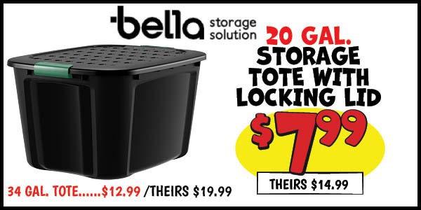 20 Gallon Storage Tote with Locking Lid: Our Price: $7.99, theirs: $14.99