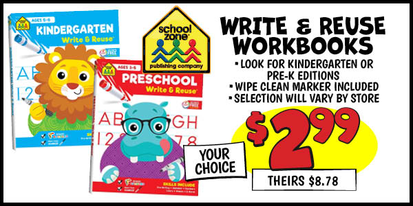 WRITE and RESUSE WORKBOOKS: Our Price: $2.99, theirs: $8.78
