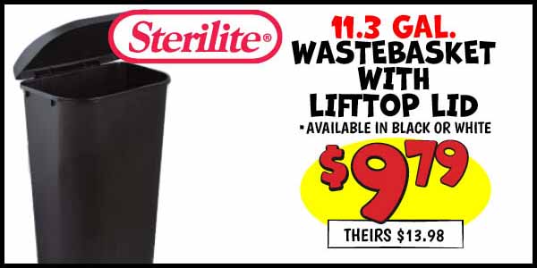 Wastebasket with LiftTop lid: Our Price: $9.79, theirs: $13.98