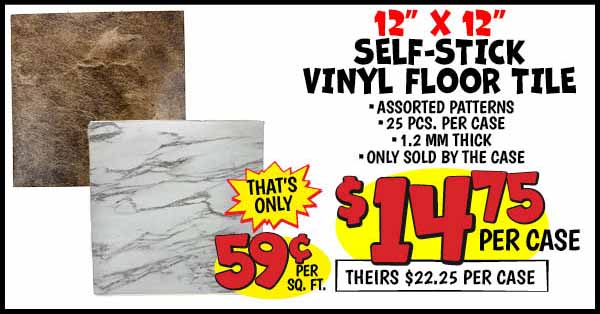 12x12 Peel and Stick Vinyl Floor Tiles: Per,Tile,Our Price: $0.59, theirs: $0.89