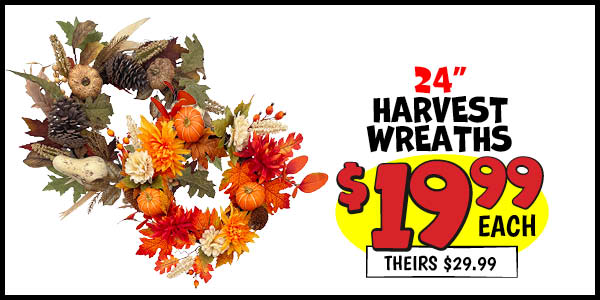 24 in. Harvest Wreaths: Our Price: $19.99, theirs: $29.99