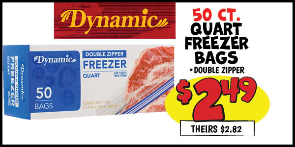 50 ct. Quart Freezer Bags: Our Price: $2.49, theirs: $2.82