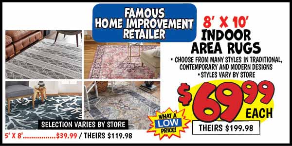 Famous Home Improvement Retailer 8x10 Indoor Area Rugs: Our Price: $69.99, theirs: $199.98