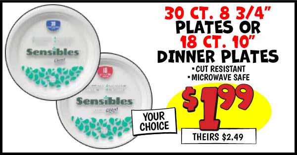 Paper Plates: Our Price: $1.99, theirs: $2.49