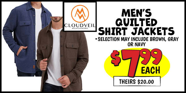 Men's Quilted Shirt Jacket: Our Price: $7.99, theirs: $20.00