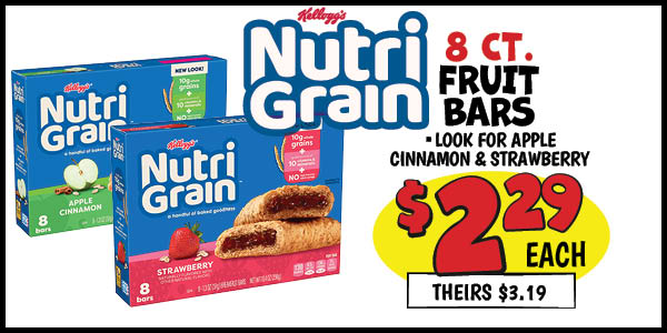 8 ct. Nutri-Grain Bars: Our Price: $2.29, theirs: $3.19