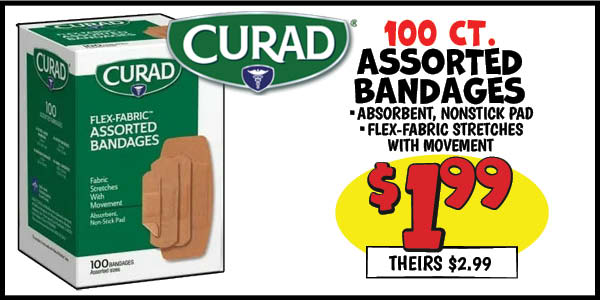 100 ct. Curad Bandages: Our Price: $1.99, theirs: $2.99