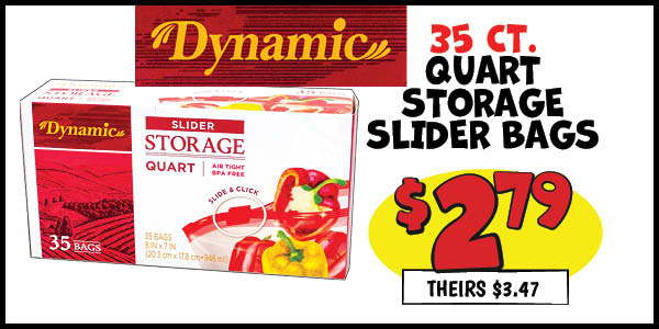 35 ct. Quart Storage Slider Bags: Our Price: $2.79, theirs: $3.47