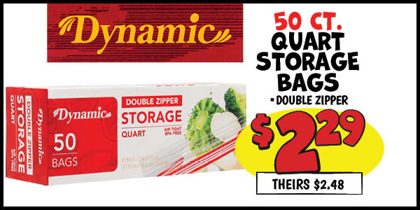 50 ct. Quart Storage Bags: Our Price: $2.29, theirs: $2.48