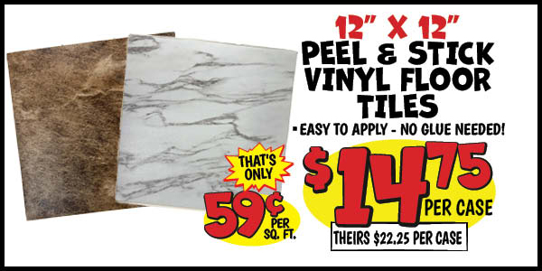 12x12 Peel and Stick Vinyl Floor Tile: Per,Tile,Our Price: $0.59, theirs: $0.89