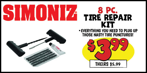 8 pc. Simoniz tire Repair Kit : Our Price: $3.99, theirs: $5.99