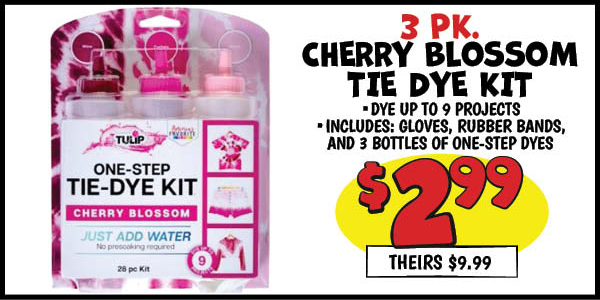 3 Pk. Cherry Blossom Tie Dye Kit: Our Price: $2.99, theirs: $9.99