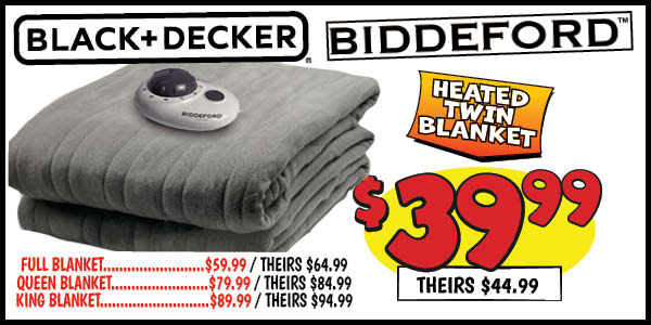 Black and Decker Biddeford heated Twin Blanket: Our Price: $39.99, theirs: $44.99