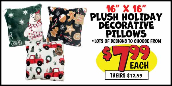 16x16 Plush Holiday Decorative Pillow: Our Price: $7.99, theirs: $12.99