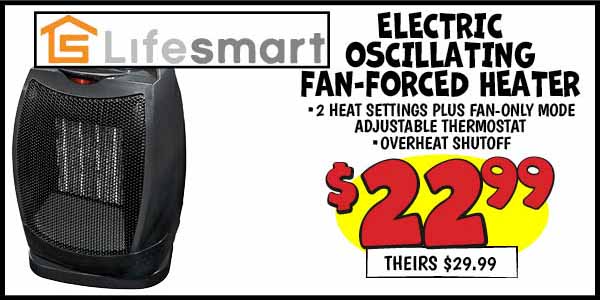 Electric Oscillating Fan Forced Heater: Our Price: $22.99, theirs: $29.99