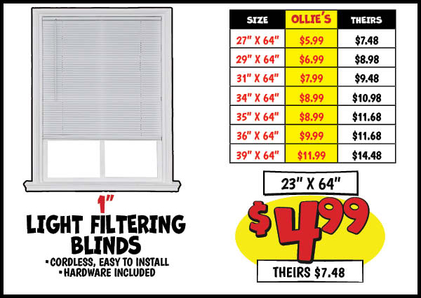 Light Filtering Blinds: 23x64,Our Price: $4.99, theirs: $7.48