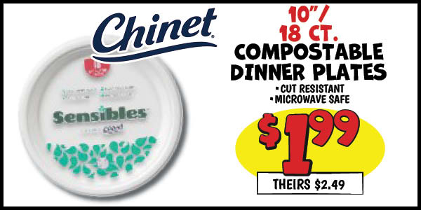 18 Ct. Dinner Plates : Our Price: $1.99, theirs: $2.49