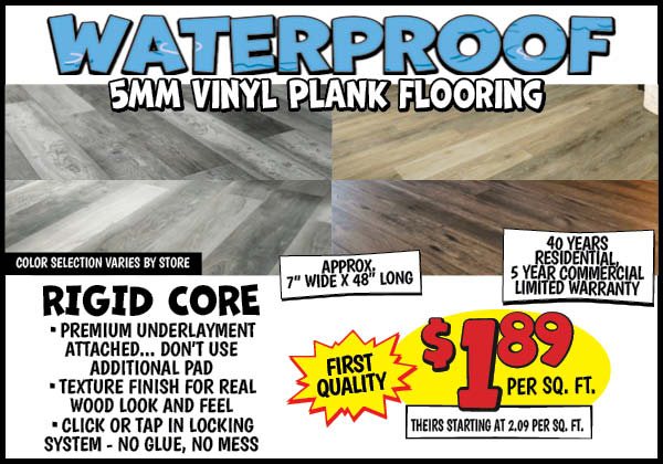 Waterproof LVP Vinyl Plank Flooring: Price,Per,Sq, Ft.,Our Price: $1.89, theirs: $2.09
