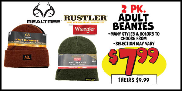 2 pk. Adult Beanies: Our Price: $7.99, theirs: $9.99