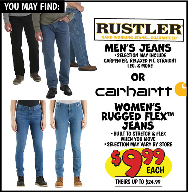 Men's Denim Jeans: Our Price: $9.99, theirs: $13.99, Women's Rugged Flex Jeans: Our Price: $9.99, theirs: $24.99