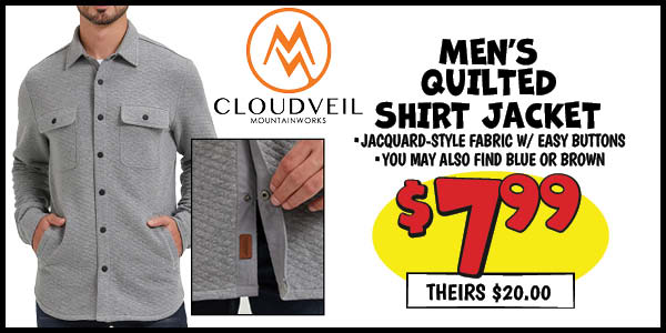 Men's Quilted Knit Shirt Jacket: Our Price: $7.99, theirs: $20.00
