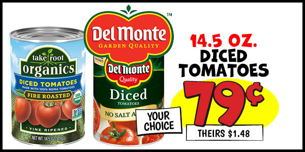 14.5 oz. Del Monte Diced Tomatoes: Our Price: $0.79, theirs: $1.48