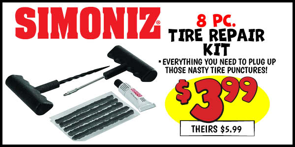 8 pc. Simoniz tire Repair Kit : Our Price: $3.99, theirs: $5.99