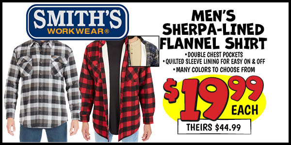 Men's Sherpa-Lined Flannel Shirt: Our Price: $19.99, theirs: $44.99