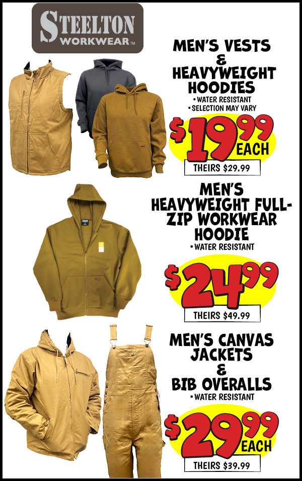 Men's Vests & Heavyweight Hoodies: Our Price: $19.99, theirs: $29.99,  Men's Heavyweight Full-Zip Workwear Hoodies: Our Price: $24.99, theirs: $49.99,  Men's Jackets & Overalls: Our Price: $29.99, theirs: $39.99