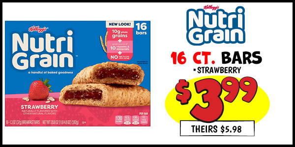 NutriGrain 16 ct. Bars: Our Price: $3.99, theirs: $5.98