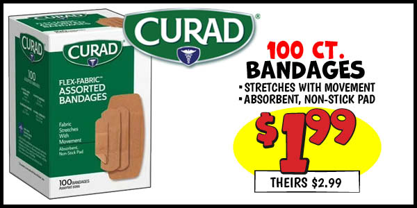 Curad 100 ct. Bandages: Our Price: $1.99, theirs: $2.99