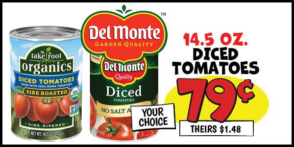 14.5 oz. Del Monte Diced Tomatoes: Our Price: $0.79, theirs: $1.48