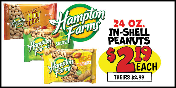 Hampton Farms In-Shell Peanuts: Our Price: $2.19, theirs: $2.99