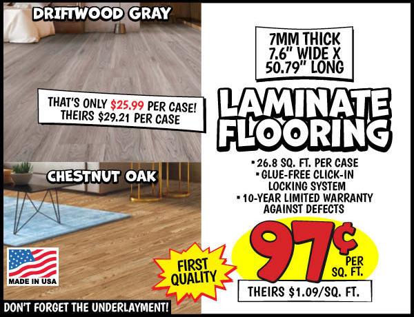 7mm Laminate Flooring: Per,sq.,ft.,Our Price: $0.97, theirs: $1.09