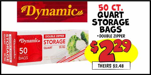 50 ct. Quart Storage Bags: Our Price: $2.29, theirs: $2.48