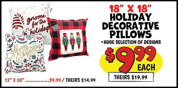18x18 Decorative Pillows: 18 in. x18 in. , Our Price: $9.99, theirs: $19.99, 12 in. x20 in. ,Our Price: $9.99, theirs: $14.99