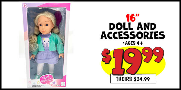 16 in. Doll and Accessories: Our Price: $19.99, theirs: $24.99