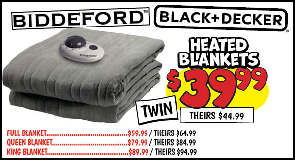 Beddeford and Black and Decker Twin Heated Blankets: Our Price: $39.99, theirs: $44.99