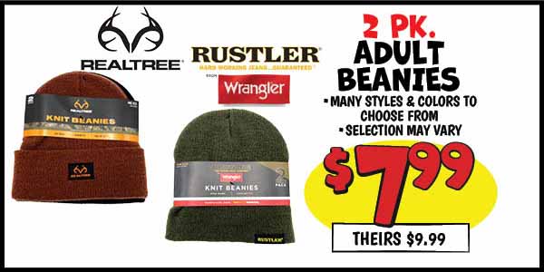 Real Tree 2 pk. Beanies: 2pk,Our Price: $7.99, theirs: $9.99