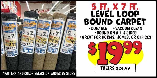 5X7 LEVEL LOOP BOUND CARPET: 5x7,level,loop,bound, Our Price: $19.99, theirs: $24.99