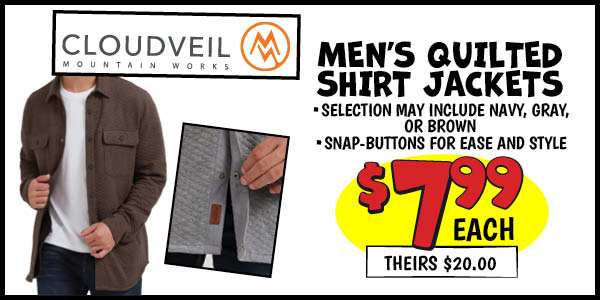 Men's Quilted Shirt Jackets: Our Price: $7.99, theirs: $20.00