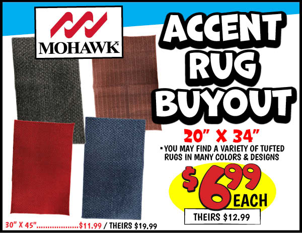 20x34 Mohawk Rug Buyout: 20x34,Our Price: $6.99, theirs: $12.99, 34x45,Our Price: $11.99, theirs: $19.99