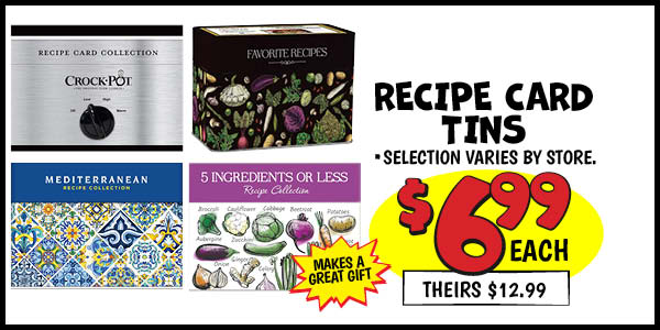 RECIPE CARD TINS: Our Price: $6.99, theirs: $12.99