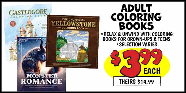 Adult Coloring Books: Our Price: $3.99, theirs: $14.99